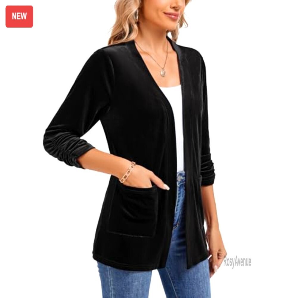 Velvet Cardigan 3/4 Sleeve Open Front Pockets Office Casual - Picture 5 of 7
